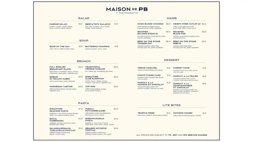 Paris baguette Menu Singapore with prices