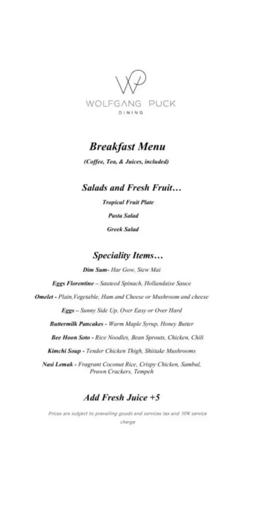 Spago Menu Singapore breakfast menu