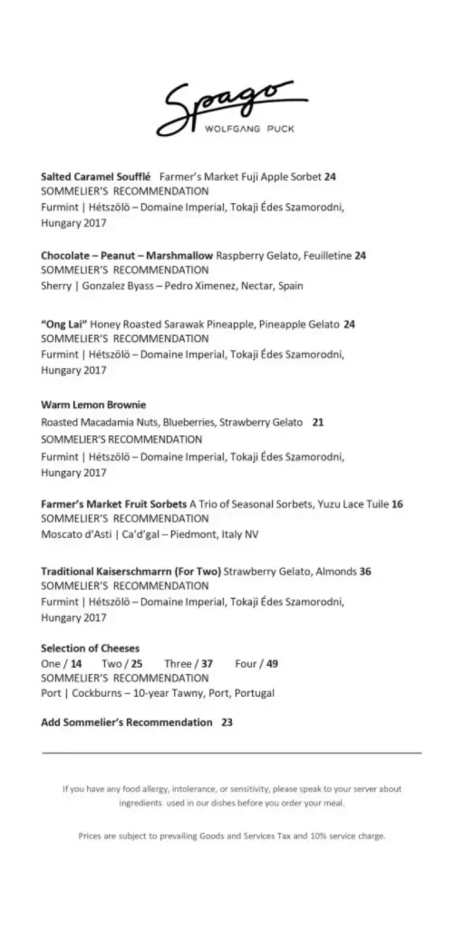 Spago Menu Singapore with prices dessert menu