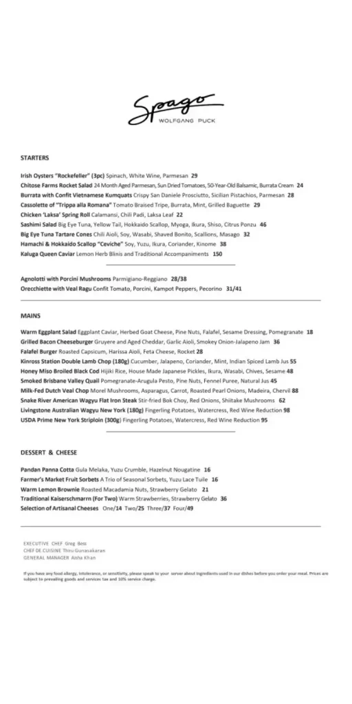 Spago Singapore mneu le carte