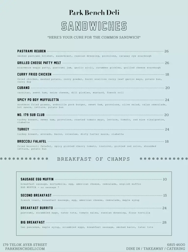 park bench deli Sandwiches menu